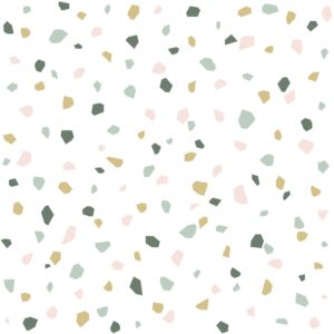 Papel tapiz terrazo blanco, rosa suave y menta verde