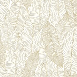 Papel tapiz hojas dibujadas blanco y oro