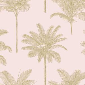 Papel tapiz palmeras rosa suave y oro