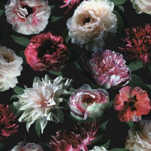 Papel tapiz flores rosa, negro y verde oscuro