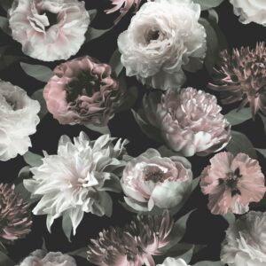 Papel tapiz flores negro, blanco y rosa suave