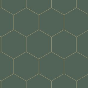 Papel tapiz con estampado hexagonal verde oscuro y oro