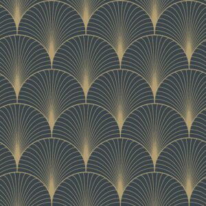 Papel tapiz art deco azul oscuro y oro
